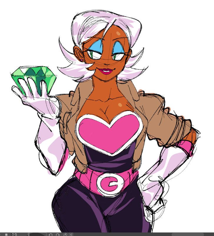 capsule (capsulecomputrz), rouge the bat, sonic (series), commentary, english commentary, 1girl, art program in frame, belt, blue eyeshadow, breasts, brown jacket, chaos emerald, cleavage, collarbone, dark-skinned female, dark skin, earrings, elbow gloves, eyeshadow, gem, gloves, green eyes, hand on own hip, holding, holding gem, humanization, jacket, jewelry, large breasts, looking at object, makeup, pink belt, red lips, short hair, simple background, sleeves rolled up, smile, solo, strapless, stud earrings, white background, white gloves, white hair