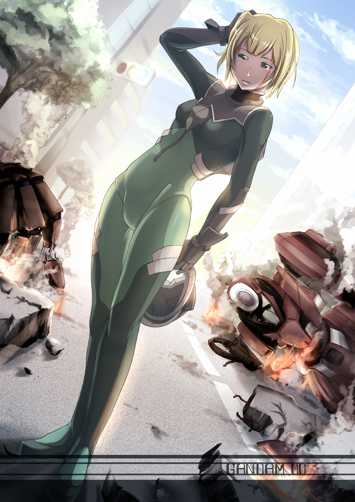 painpa, louise halevy, gundam, gundam 00, pilot suit, 00s, 1girl, blonde hair, blood, bodysuit, destruction, dutch angle, female focus, fire, green eyes, injury, rubble, ruins, short hair, skin tight, solo