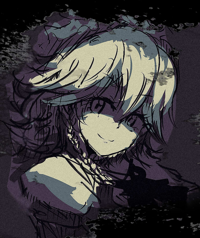 yoshioka yoshiko, izayoi sakuya, touhou, 1girl, female focus, monochrome, portrait, purple theme, smile, solo