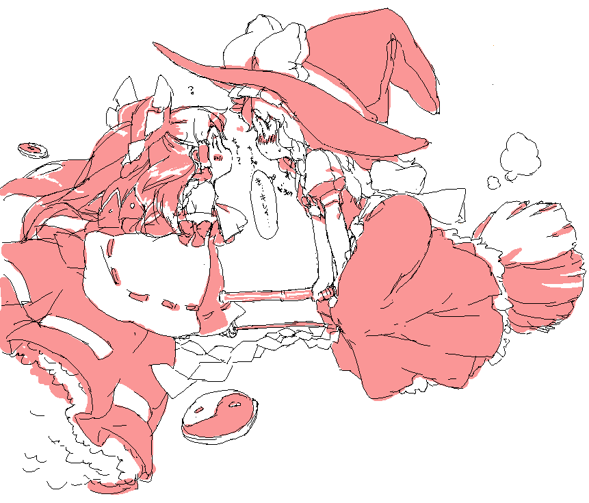 randou, hakurei reimu, kirisame marisa, touhou, 2girls, ?, blush, broom, broom riding, dress, eye contact, female focus, hat, looking at another, monochrome, multiple girls, oekaki, pink theme, witch hat, yuri