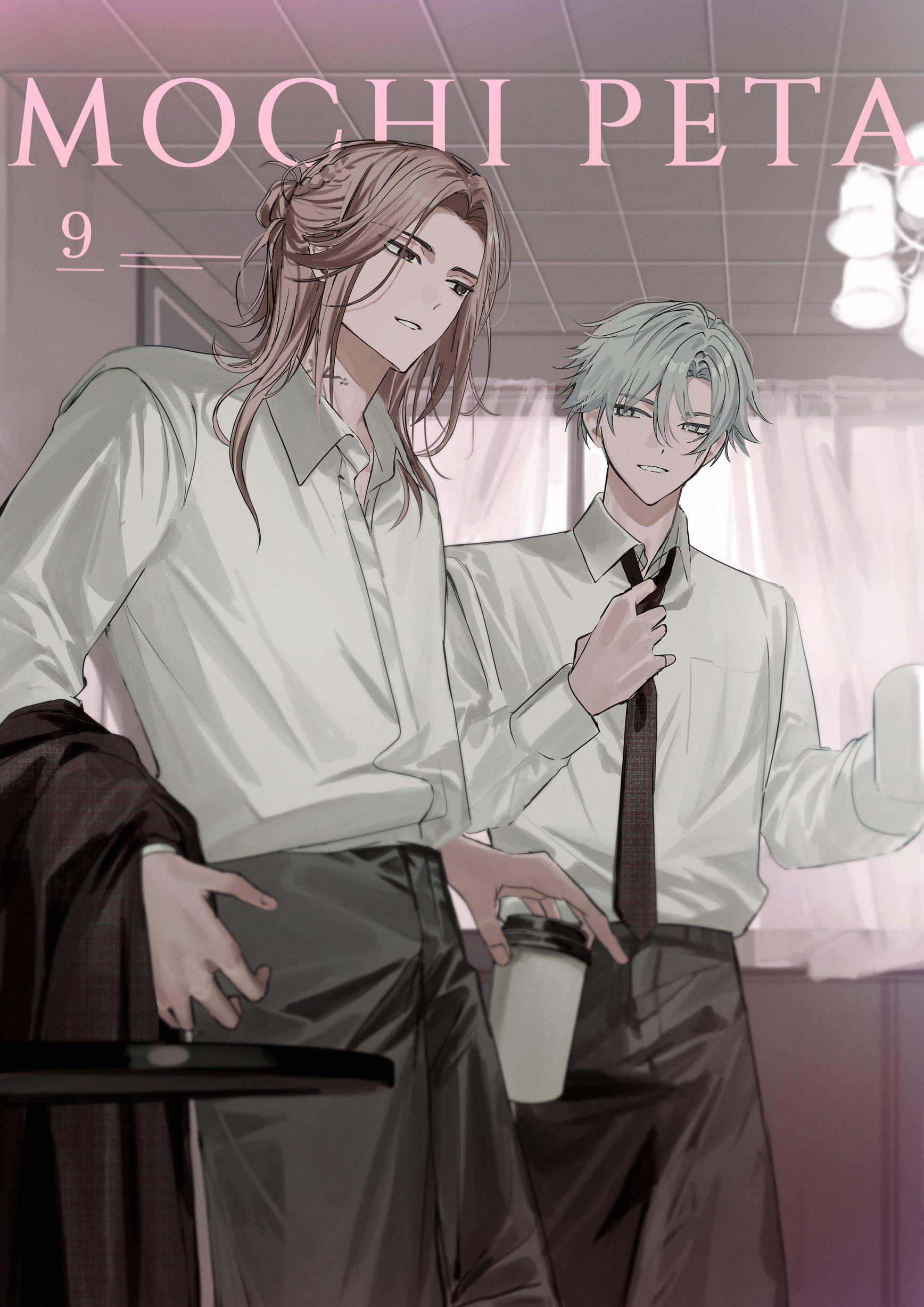 22kolink, kamina yukikaze, 18trip, absurdres, highres, 2boys, adjusting clothes, adjusting necktie, black necktie, black pants, brown hair, ceiling, cowboy shot, cup, curtains, disposable cup, grey eyes, grey hair, hair between eyes, half updo, holding, holding cup, indoors, jacket on arm, long hair, long sleeves, looking at another, lu liguang, male focus, multiple boys, necktie, pants, parted bangs, parted lips, see-through curtains, shirt, shirt tucked in, short hair, smile, tile ceiling, tiles, white shirt