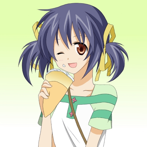 usako, sunohara mei, clannad, bad id, bad pixiv id, lowres, 00s, blue hair, brown eyes, crepe, eating, food, one eye closed, raglan sleeves, short hair, solo, twintails, wink