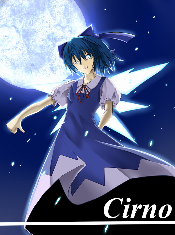 meso-meso, meso (pixiv), cirno, embodiment of scarlet devil, touhou, 1girl, blue hair, female focus, ribbon, short hair, solo, wings