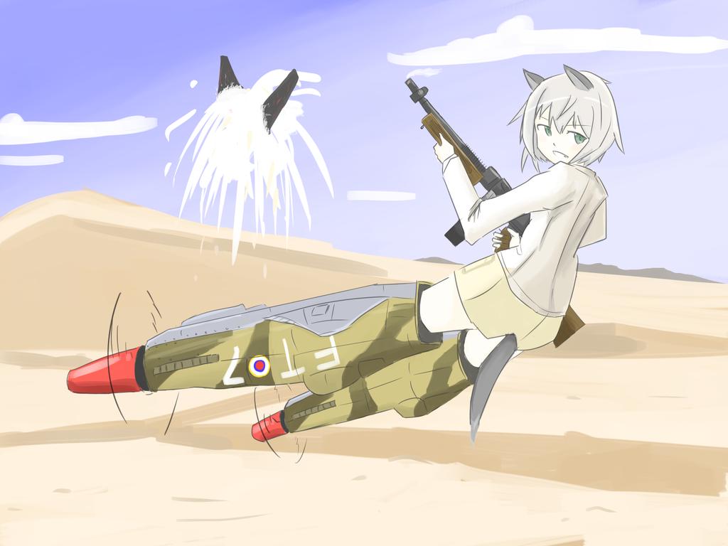 eugenia horbaczewski, neuroi, world witches series, animal ears, desert, green eyes, grey hair, gun, holding, holding weapon, smile, striker unit, submachine gun, tail, thompson submachine gun, weapon, witch, wolf ears, wolf tail