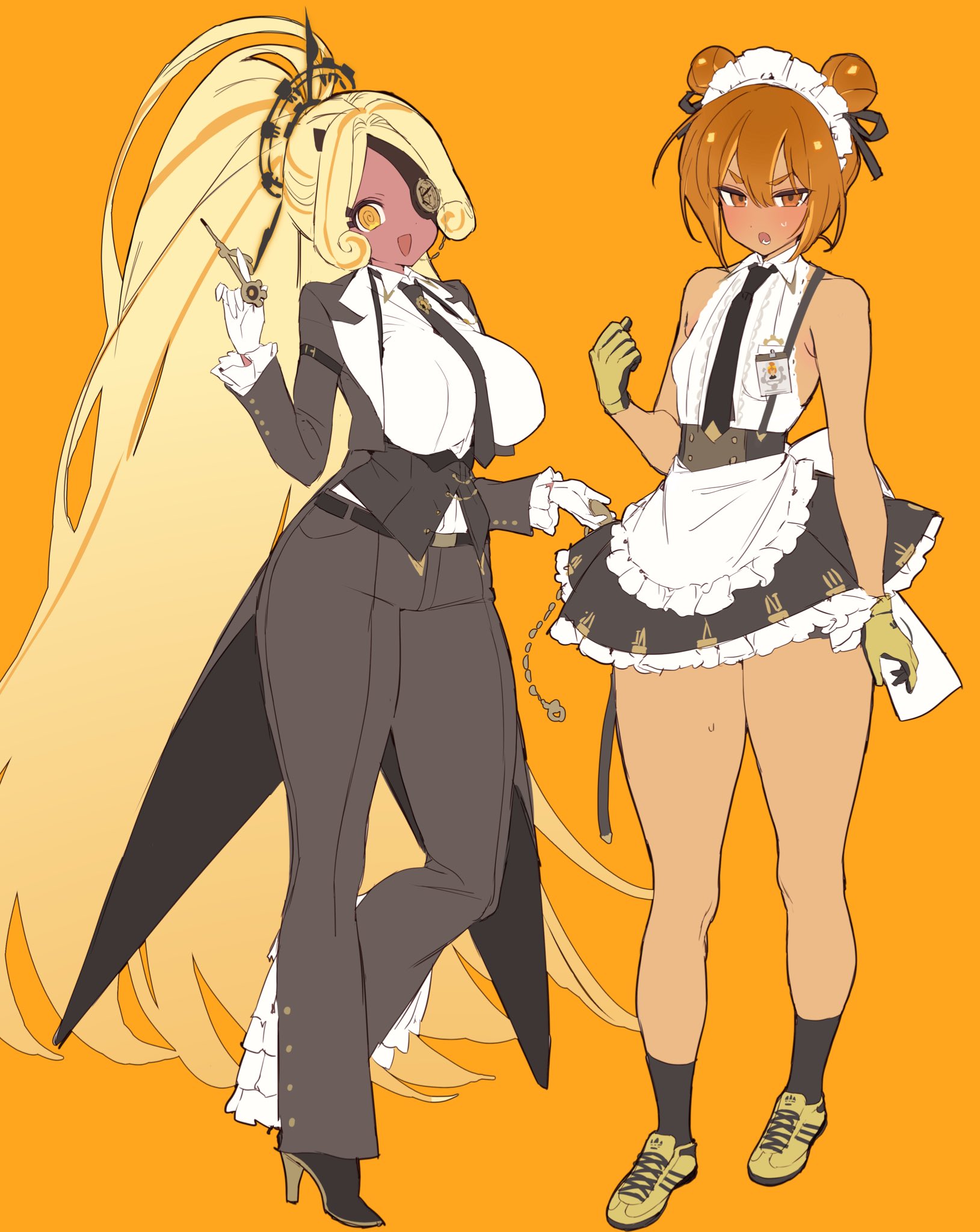 ohta guk hip, croissant cookie, timekeeper cookie, cookie run, cookie run: ovenbreak, highres, 2girls, :d, :o, @ @, absurdly long hair, alternate costume, ankle boots, ankle socks, apron, armpit crease, bare arms, bare legs, bare shoulders, belt, between breasts, black belt, black boots, black coat, black gloves, black necktie, black ribbon, black skirt, black socks, black vest, blonde hair, blush, boots, breasts, brown eyes, brown hair, buttons, center frills, coat, collared shirt, colored shoe soles, curly sidelocks, dark-skinned female, dark skin, dot nose, double-breasted, double-parted bangs, double bun, dual persona, enmaided, eyepatch, food-themed hair, frilled apron, frilled sleeves, frills, full body, gloves, hair between eyes, hair bun, hair intakes, hair ornament, hand up, headdress, high-waist skirt, high heel boots, high heels, high ponytail, holding, humanization, index finger raised, knees apart feet together, lapels, large breasts, long hair, long sleeves, lower teeth only, maid, maid apron, maid headdress, miniskirt, multicolored hair, multiple girls, necktie, necktie between breasts, notched lapels, one eye covered, open clothes, open coat, open mouth, orange eyes, orange hair, parted bangs, petticoat, pleated skirt, ponytail, ribbon, shirt, shirt tucked in, shoelaces, shoes, short hair, skirt, sleeveless, sleeveless shirt, small breasts, smile, sneakers, socks, standing, streaked hair, suspender skirt, suspenders, sweat, tareme, teeth, thick thighs, thighs, tsurime, two-tone gloves, two-tone hair, v-shaped eyebrows, very long hair, vest, waist apron, white apron, white headdress, white shirt, wide hips, yellow gloves, yellow shoes