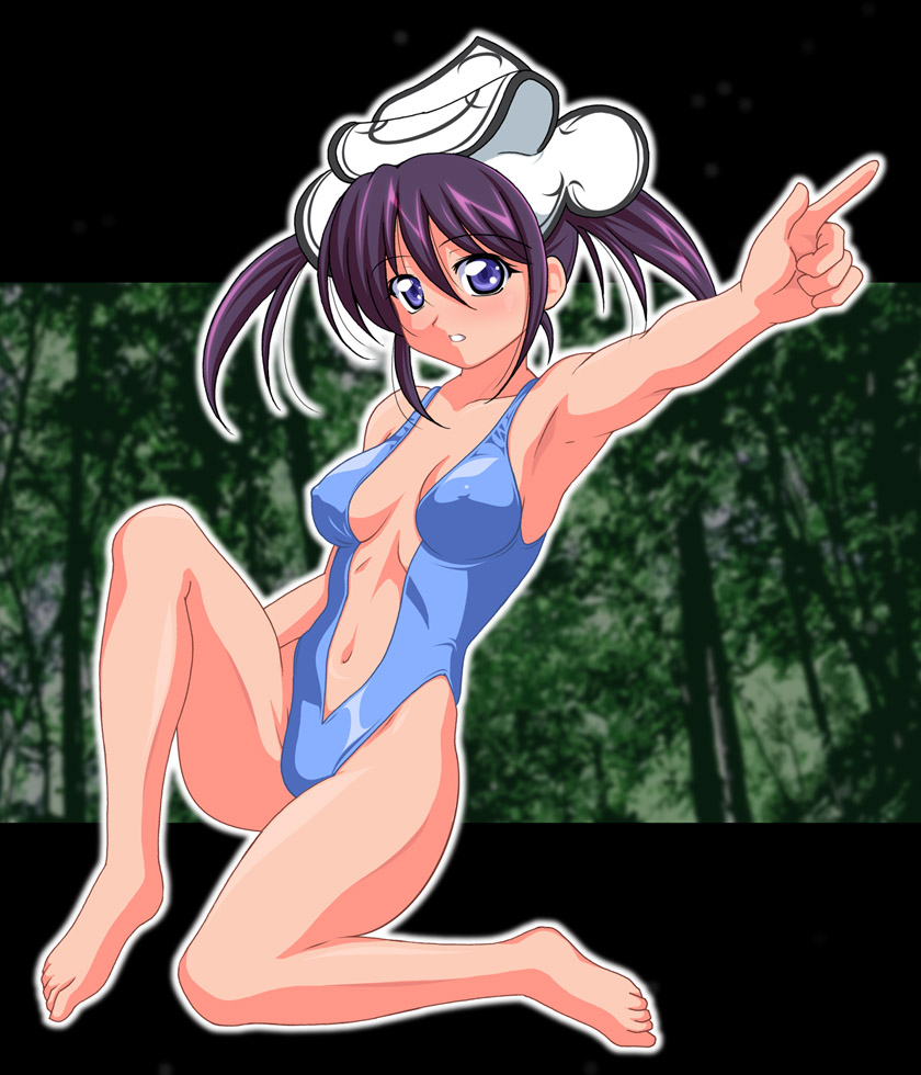 inferno (nanbu14), iris fortner, atelier (series), atelier iris, atelier iris grand phantasm, gust, 1girl, barefoot, blue eyes, blue one-piece swimsuit, breasts, casual one-piece swimsuit, covered erect nipples, female focus, leotard, medium breasts, one-piece swimsuit, pointing, purple hair, solo, swimsuit, twintails