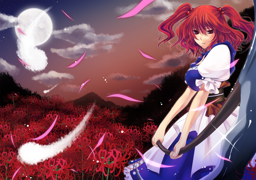 yukian, onozuka komachi, touhou, bad id, bad pixiv id, 1girl, female focus, flower, moon, petals, red eyes, red flower, red hair, scythe, short hair, solo, spider lily, twintails, two side up