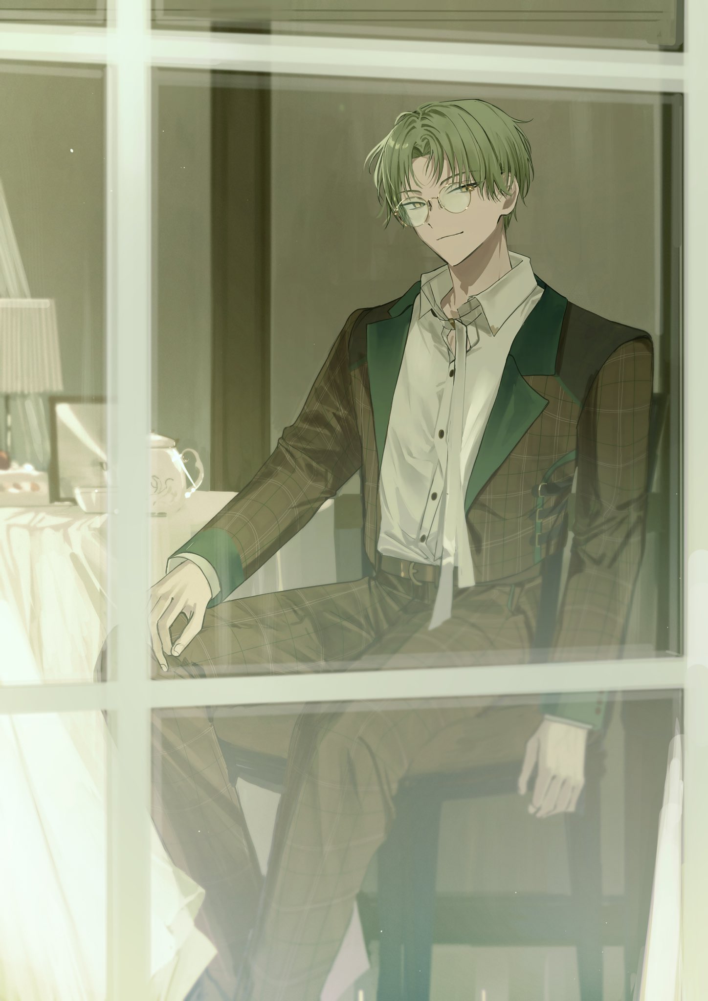 22kolink, 18trip, highres, 1boy, blonde hair, brown jacket, brown pants, chair, closed mouth, glasses, green hair, hand on own knee, indoors, jacket, karigane sakujiro, light particles, long sleeves, looking at viewer, male focus, on chair, open clothes, open jacket, pants, parted bangs, round eyewear, shirt, short hair, sitting, smile, solo, teapot, white shirt, window