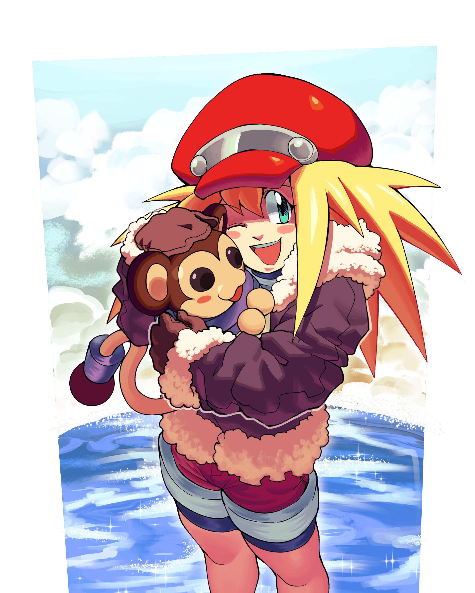 capsule (capsulecomputrz), data (mega man), roll caskett (mega man), mega man (series), mega man legends (series), commentary, english commentary, highres, 1girl, animal, animal hug, bike shorts, bike shorts under shorts, blonde hair, blush, brown gloves, brown jacket, cloud, fur-trimmed jacket, fur trim, gloves, green eyes, hair between eyes, hat, holding, holding animal, jacket, long hair, long sleeves, looking at viewer, monkey, newsboy cap, one eye closed, open mouth, red hat, red shorts, shorts, smile, solo, sparkle, upper body, wading