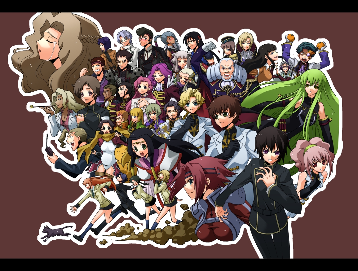 kage akira, kageaki, andreas darlton, anya alstreim, arthur (code geass), bismarck waldstein, c.c., cecile croomy, charles zi britannia, cheese-kun, cornelia li britannia, diethard ried, euphemia li britannia, gilbert g.p. guilford, gino weinberg, jeremiah gottwald, kannon maldini, kouzuki kallen, kururugi suzaku, lelouch vi britannia, li xingke, lloyd asplund, luciano bradley, mao (code geass), marianne vi britannia, milly ashford, monica kruszewski, nina einstein, nonette enneagram, nunnally vi britannia, ohgi kaname, rakshata chawla, rivalz cardemonde, rolo lamperouge, schneizel el britannia, shinozaki sayoko, shirley fenette, sumeragi kaguya, tamaki shin'ichirou, tianzi, toudou kyoushirou, v.v., villetta nu, code geass, code geass: lost colors, pizza hut, 00s, 6+boys, 6+girls, breasts, cleavage, dark skin, everyone, holding, holding smoking pipe, kiseru, knights of the round, long hair, multiple boys, multiple girls, pipe in mouth, smoking pipe, very long hair