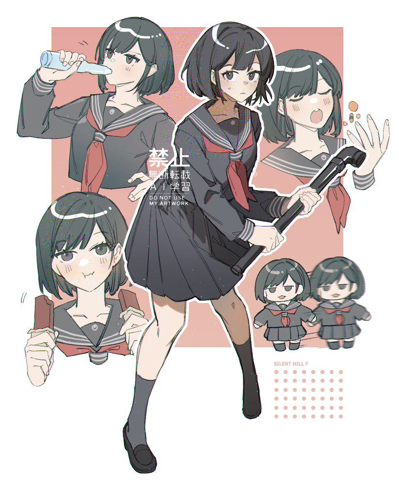 rirene rn, shimizu hinako, silent hill (series), silent hill f, commentary, english commentary, 1girl, black eyes, black hair, black sailor collar, black serafuku, black shirt, black shoes, black skirt, black socks, bottle, chewing, closed eyes, closed mouth, copyright name, drinking, holding, holding lead pipe, lead pipe, looking at viewer, multiple views, neckerchief, open mouth, red background, red neckerchief, sailor collar, school uniform, serafuku, shirt, shoes, short hair, simple background, skirt, socks, sweatdrop, teeth, two-tone background, upper teeth only, water bottle, white background