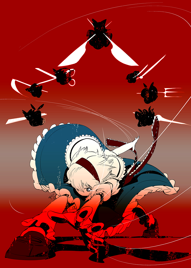 mizu asato, alice margatroid, touhou, 1girl, action, attack, boxcutter, doll, female focus, fork, jewelry, knife, lance, polearm, red theme, ring, scissors, scythe, silhouette, solo, spear, string, weapon