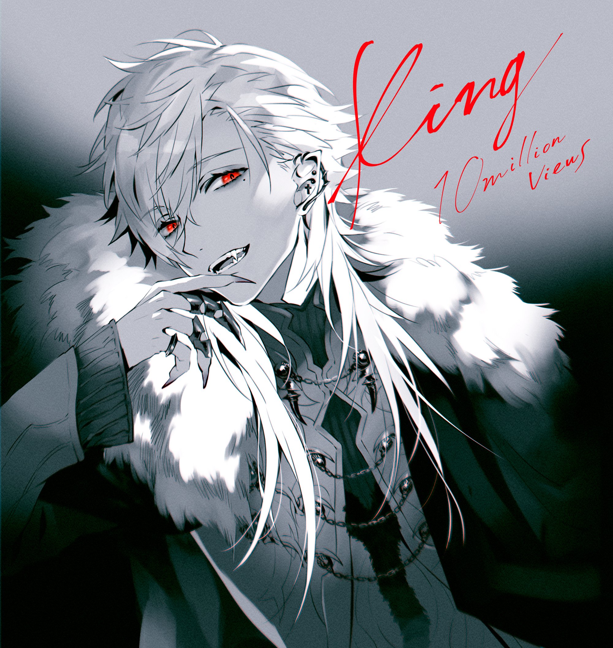 akke (akke299), kuzuha (nijisanji), nijisanji, highres, 1boy, cape, chain, ear piercing, earrings, english text, fangs, fingernails, fur-trimmed cape, fur trim, gradient background, grey background, greyscale, hair behind ear, hair between eyes, hand on own chin, hand up, head tilt, jacket, jewelry, long fingernails, long hair, long sleeves, looking at viewer, male focus, mole, mole under eye, monochrome, multiple rings, open mouth, piercing, pointy ears, red eyes, ring, sharp fingernails, signature, sleeves past wrists, smile, solo, spot color, sweater, teeth, turtleneck, turtleneck sweater, upper body, vampire, virtual youtuber