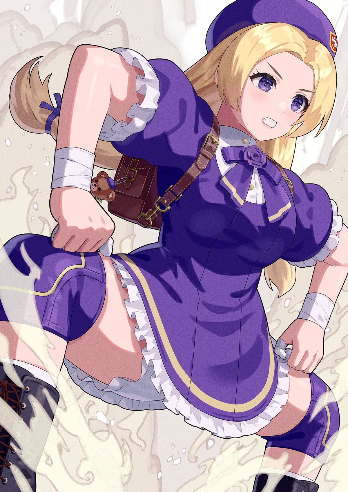 yagi2013, shijou hinako, the king of fighters, commentary, highres, revision, 1girl, backpack, bag, bandaged fingers, bandages, beret, black boots, boots, breasts, brown bag, clenched teeth, dress, frills, hair ribbon, hat, knee boots, knee pads, kneehighs, lace-up boots, light blush, low twintails, medium breasts, puffy short sleeves, puffy sleeves, purple dress, purple eyes, purple hat, purple ribbon, ribbon, short sleeves, smile, socks, solo, teeth, twintails, white socks, wristband