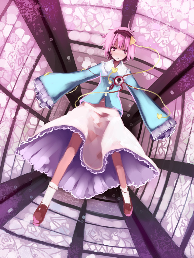 ushiki yoshitaka, komeiji satori, touhou, 1girl, chireiden, dress, female focus, floating, no nose, outstretched arms, pink eyes, pink hair, pink theme, short hair, solo, spread arms, stained glass, staring