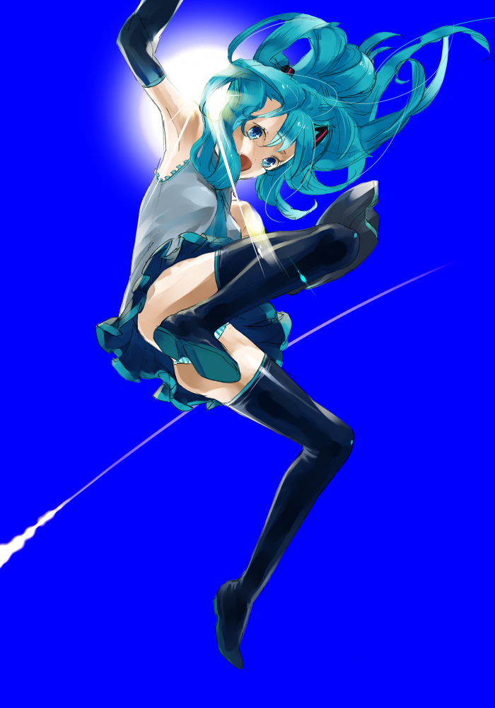 hiro (pixiv32951), rururara, hatsune miku, vocaloid, bad id, bad pixiv id, 1girl, aqua hair, blue background, blue eyes, boots, falling, female focus, long hair, open mouth, panties, skirt, solo, striped clothes, striped panties, sun, thigh boots, thighhighs, underwear