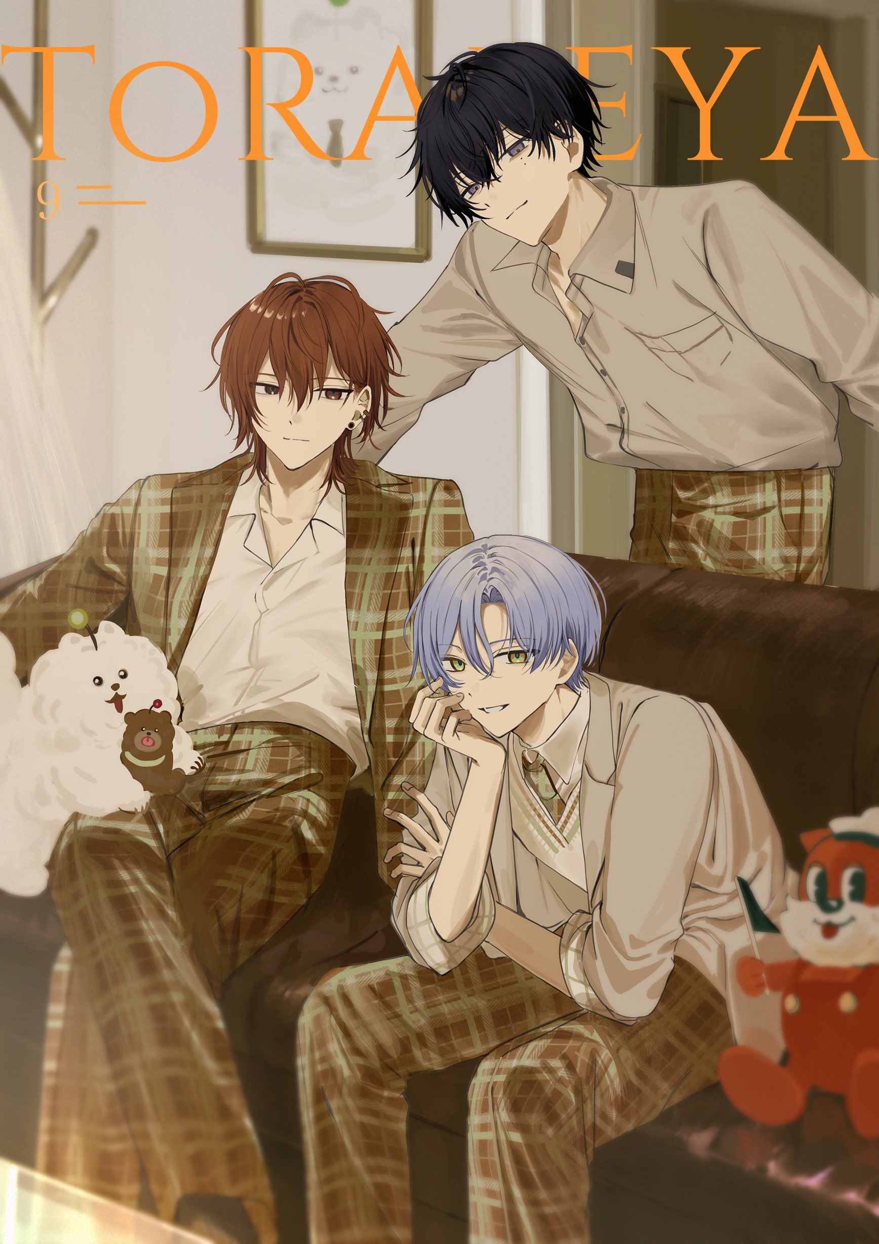 22kolink, nishizono renga, 18trip, absurdres, commentary, highres, symbol-only commentary, 3boys, arm rest, black hair, brown jacket, brown pants, closed mouth, couch, crossed legs, dog, grey eyes, grey hair, grey shirt, hair between eyes, hand rest, indoors, jacket, male focus, medium hair, mole, mole under eye, multiple boys, multiple moles, murakumo ten, oguro kafka, on couch, open clothes, open jacket, pants, parted bangs, parted lips, plaid clothes, plaid jacket, plaid pants, red hair, shirt, shirt tucked in, short hair, sitting, smile, yellow eyes