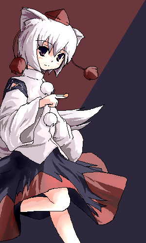 tsubasa (abchipika), inubashiri momiji, touhou, lowres, 1girl, animal ears, female focus, hat, oekaki, solo, tail, tokin hat, white hair, wolf ears, wolf tail