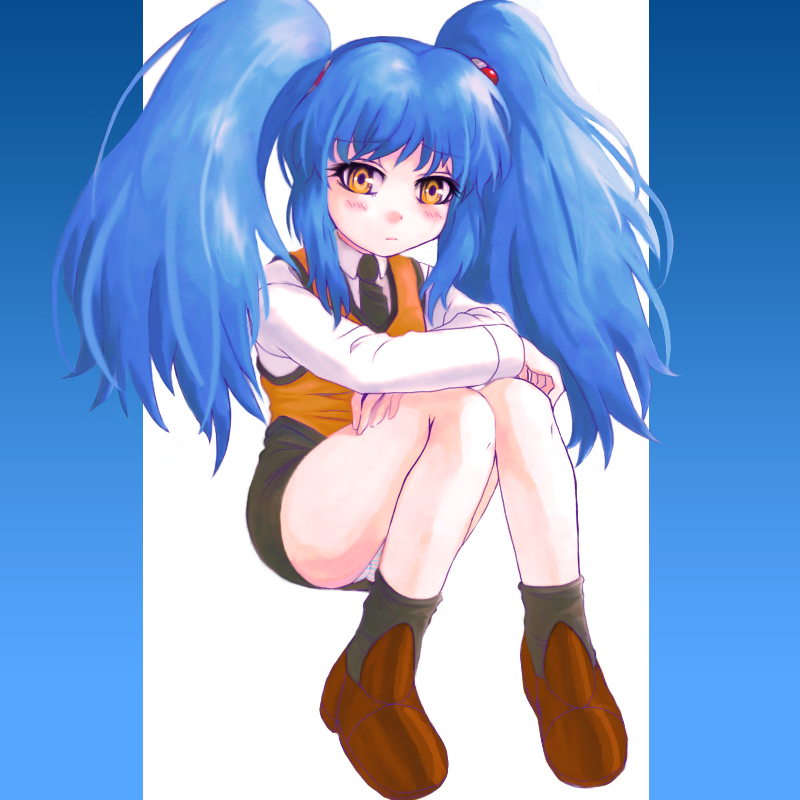 ebi tendon, hoshino ruri, kidou senkan nadesico, uniform, 1girl, blue background, blue hair, blush, female focus, gradient background, long hair, necktie, panties, pantyshot, skirt, solo, twintails, underwear, white background, yellow eyes