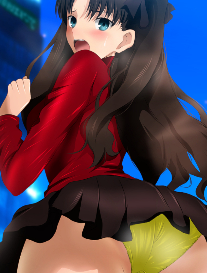 yadokari genpachirou, tohsaka rin, fate/stay night, fate (series), 1girl, ass, black bow, black hair, black skirt, blue eyes, blue sky, blurry, blurry background, blush, bow, building, clenched teeth, day, embarrassed, from behind, giant, giantess, green panties, hair bow, hand up, long hair, long sleeves, looking at viewer, looking back, miniskirt, open mouth, outdoors, panties, parted bangs, pleated skirt, puffy long sleeves, puffy sleeves, red sweater, skirt, sky, solo, sweatdrop, sweater, teeth, thighs, turtleneck, turtleneck sweater, two side up, underwear