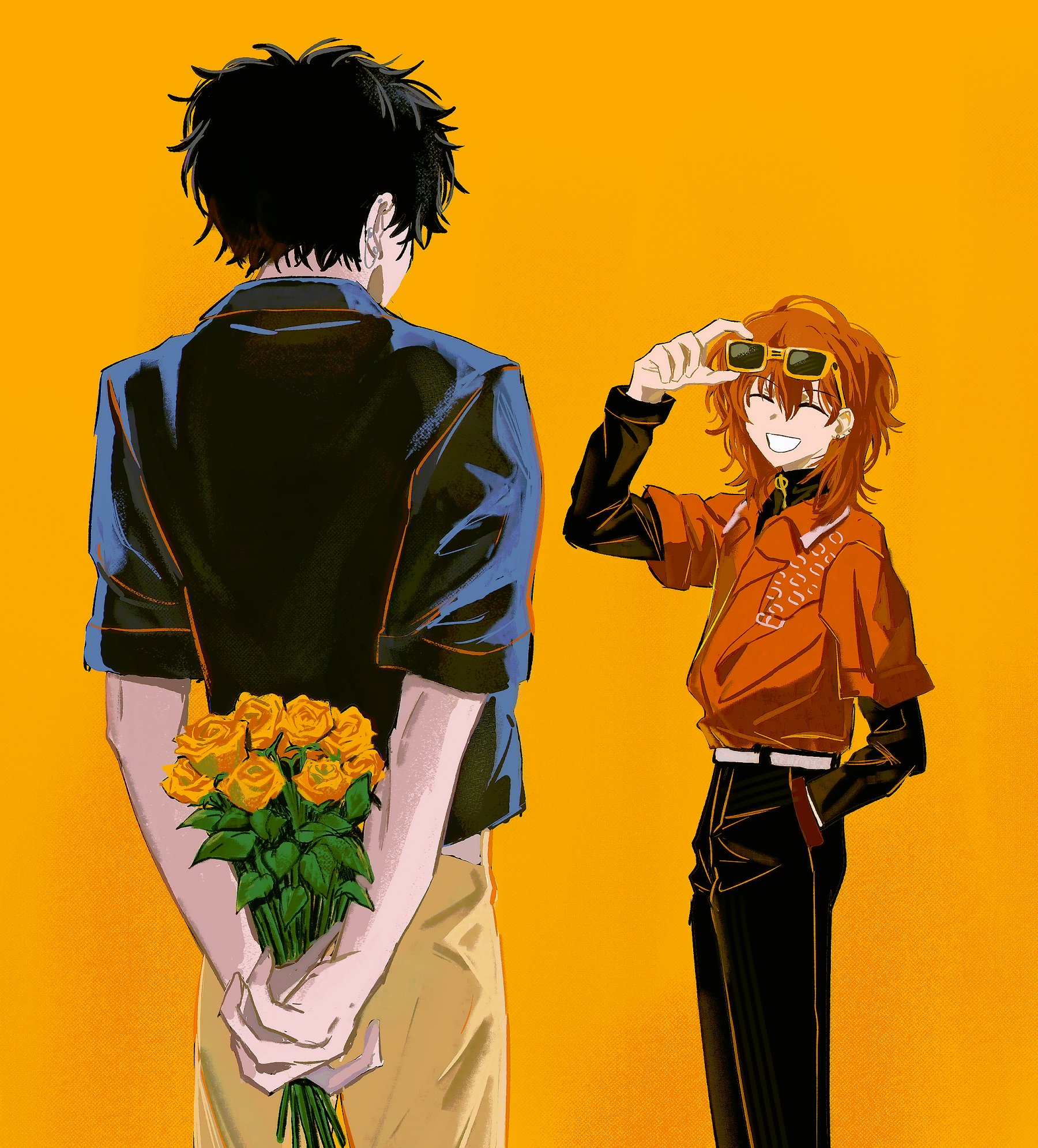 nishizono renga, 18trip, highres, 2boys, ^ ^, arms behind back, black hair, bouquet, closed eyes, collared shirt, cropped jacket, earrings, eyewear on head, facing another, flower, from behind, gold earrings, hair between eyes, hand in pocket, holding, holding bouquet, jacket, jewelry, layered sleeves, long sleeves, looking at another, lower body, multiple boys, multiple earrings, murakumo ten, pants, piercing, rose, shirt, short-sleeved jacket, short hair, short over long sleeves, short sleeves, simple background, sunglasses, yellow background, yellow flower, yellow rose