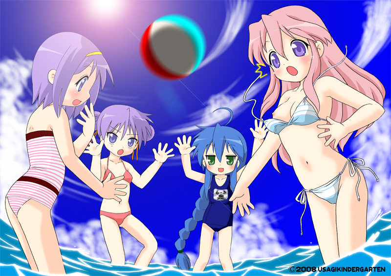 morino usagi, hiiragi kagami, hiiragi tsukasa, izumi konata, takara miyuki, lucky star, 00s, 4girls, ahoge, alternate hairstyle, ball, beachball, bikini, blue eyes, blue hair, braid, cloud, day, green eyes, long hair, multiple girls, one-piece swimsuit, outdoors, pink hair, purple hair, school swimsuit, short hair, sky, sun, swimsuit, wardrobe malfunction, water