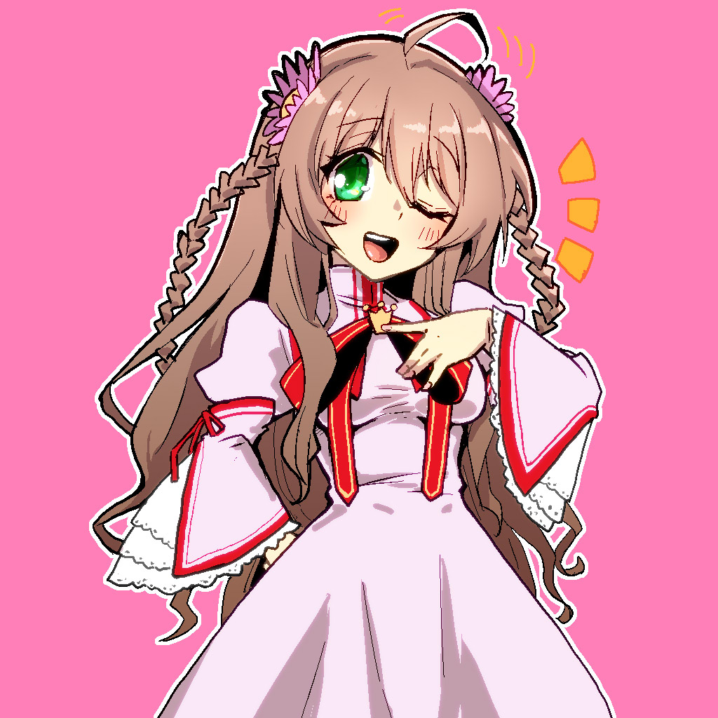 mengnaidu, kanbe kotori, rewrite, commentary request, partial commentary, 1girl, ;d, ||/, ahoge, ahoge wag, blush, braid, breasts, brown hair, cowboy shot, crown, dress, expressive hair, eyelashes, eyes visible through hair, flower, frilled sleeves, frills, green eyes, hair between eyes, hair flower, hair ornament, hand on own chest, hand on own hip, hand up, juliet sleeves, kazamatsuri institute high school uniform, long dress, long hair, long sleeves, looking at viewer, medium breasts, mini crown, motion lines, neck ribbon, notice lines, one eye closed, open mouth, outline, pink background, pink dress, pink flower, puffy sleeves, red ribbon, ribbon, school uniform, sidelocks, simple background, smile, solo, tareme, teeth, twin braids, upper teeth only, very long hair, wavy hair, white outline, wide sleeves