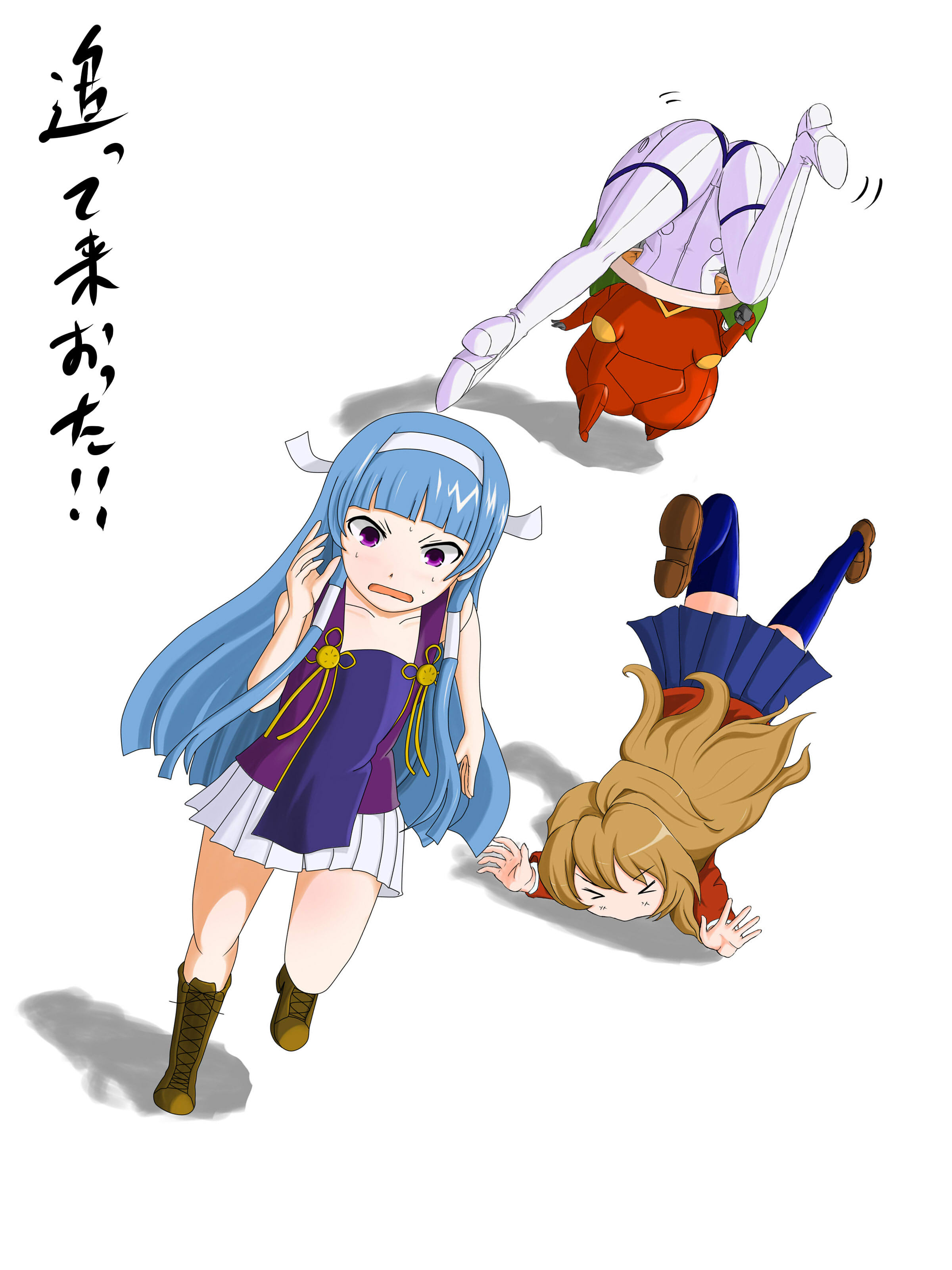 jouzaburou (joe3), aisaka taiga, kemeko, kemeko (kemeko deluxe), mm, mm (kemeko deluxe), nagi, kannagi, kemeko deluxe, toradora!, absurdres, highres, 00s, 3girls, ass, crossover, faceplant, multiple girls, thighhighs