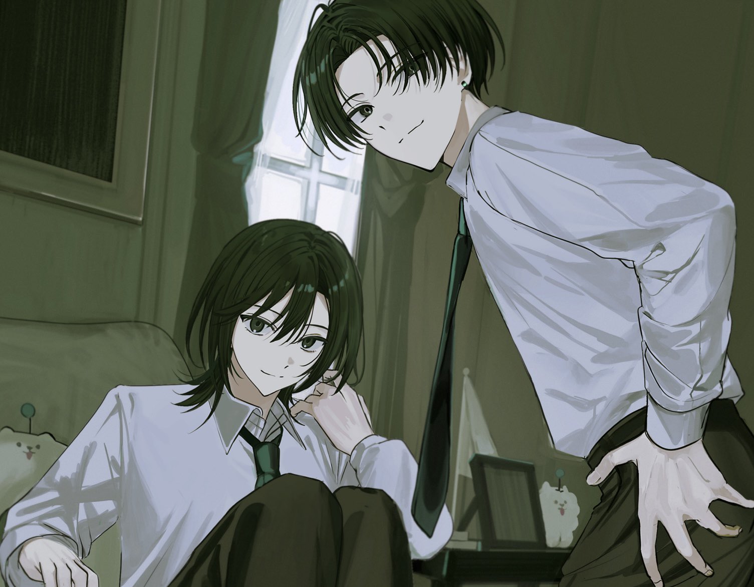 22kolink, hamasaki kaede, 18trip, 1boy, 1girl, black eyes, black hair, closed mouth, curtains, green necktie, hamasaki momiji, indoors, long sleeves, looking at viewer, looking back, medium hair, necktie, parted bangs, picture frame, shirt, shirt tucked in, short hair, smile, white shirt, window