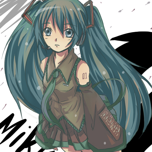 yoshino naika, hatsune miku, vocaloid, bad id, bad pixiv id, blue eyes, blue hair, detached sleeves, long hair, microphone, necktie, skirt, solo, twintails