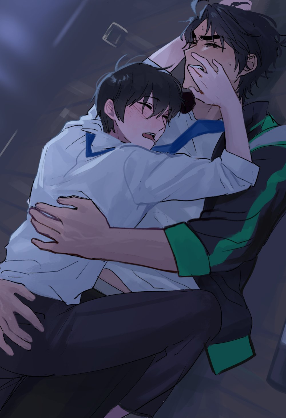 kim dokja, yoo joonghyuk, omniscient reader's viewpoint, highres, 2boys, biting, black hair, black jacket, blue necktie, boy on top, closed eyes, green streaks, hand on another's ass, hand on another's back, hand on another's face, jacket, knees up, male focus, multiple boys, necktie, open mouth, shirt, short hair, sleeping, sleeves rolled up, striped clothes, striped jacket, taotaille, white shirt, yaoi