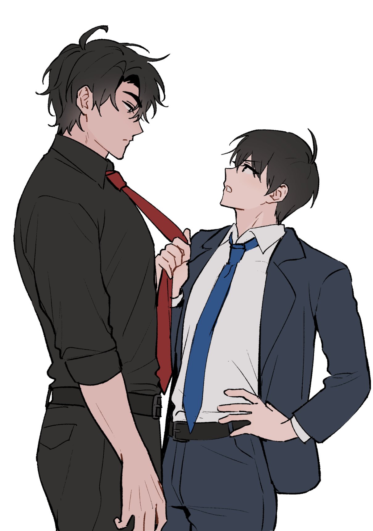 kim dokja, yoo joonghyuk, omniscient reader's viewpoint, highres, 2boys, :|, ahoge, black eyes, black hair, black shirt, blue coat, blue necktie, closed mouth, clothes grab, coat, collared shirt, cowboy shot, from side, hand on own hip, height difference, looking at another, male focus, multiple boys, necktie, necktie grab, neckwear grab, red necktie, shirt, short hair, talking, taotaille, white shirt