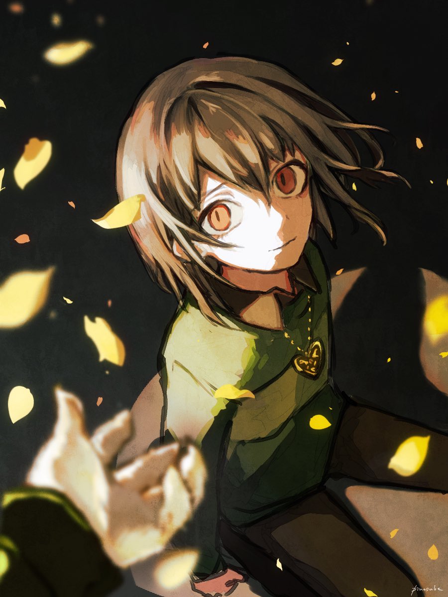 pino suke (y r k 4), chara (undertale), undertale, utdr (toby fox), commentary, english commentary, highres, 2others, black pants, brown hair, falling petals, green shirt, heart, heart necklace, jewelry, multiple others, necklace, other focus, outstretched hand, pants, petals, pov, pov hands, red eyes, shirt, short hair, signature, single horizontal stripe, striped clothes, striped shirt, yellow petals