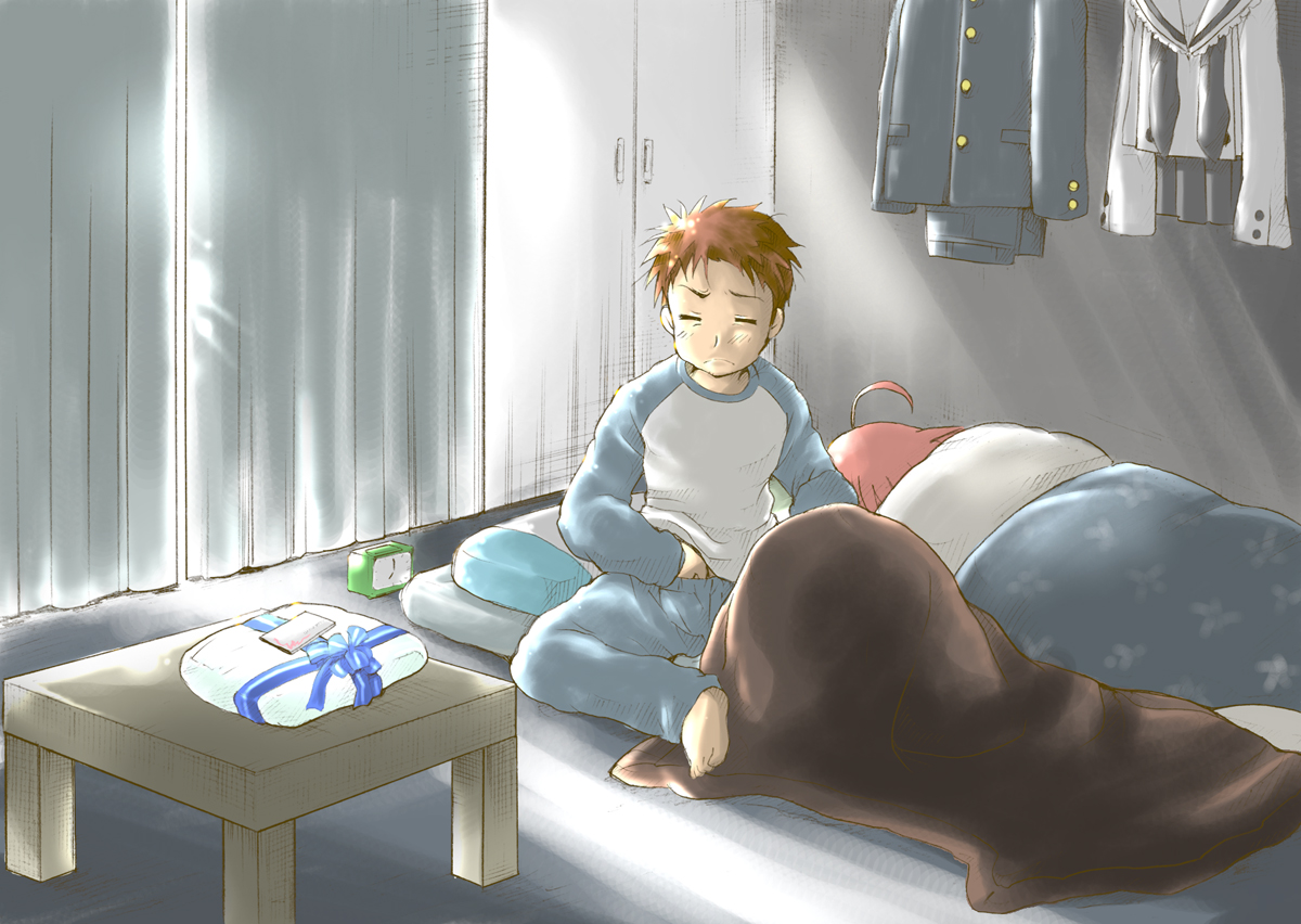 ubizo, kogami akira, shiraishi minoru, lucky star, 00s, ahoge, bed, gift, pantyhose, pink hair, sleeping