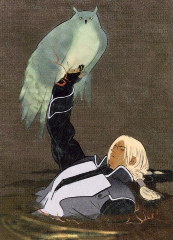 senno aki, setsuna, setsuna (last blade), bakumatsu rouman, snk, official art, 1boy, bird, bird on hand, blonde hair, dark-skinned male, dark skin, male focus, owl, solo, water