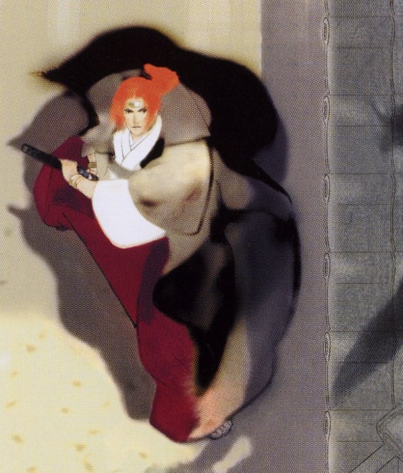 minakata moriya, bakumatsu rouman, snk, official art, traditional media, 1girl, cloak, dress, female focus, hood, hooded cloak, long sleeves, looking at viewer, ponytail, red hair, solo, standing