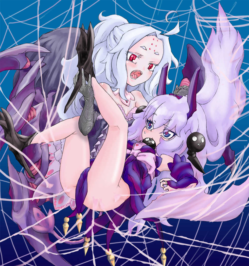 rekise, silver hair, 2girls, arthropod girl, bug, female focus, horns, long hair, monster girl, multiple girls, silk, spider, spider girl, spider web
