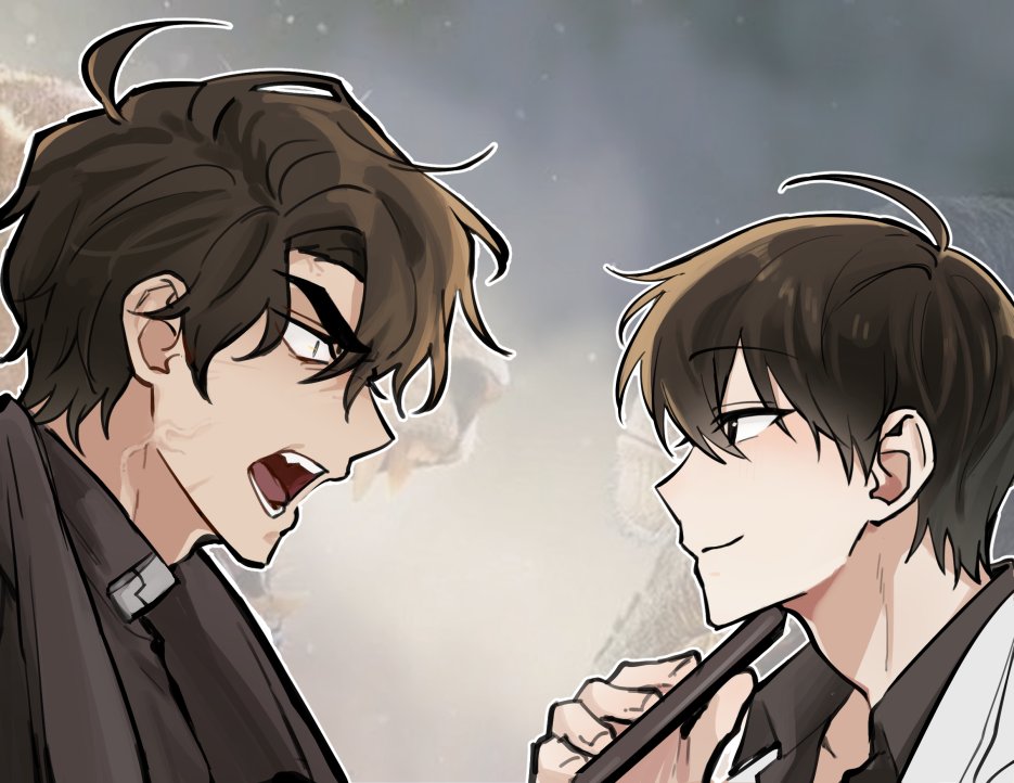 kim dokja, yoo joonghyuk, omniscient reader's viewpoint, 2boys, ahoge, black coat, black eyes, black hair, black shirt, coat, collared shirt, constricted pupils, holding, holding phone, lion screaming at monkey (meme), looking at another, male focus, meme, multiple boys, open clothes, open coat, open mouth, outline, parody, phone, popped collar, reference inset, screaming, screenshot inset, shirt, short hair, smile, taotaille, white coat, white outline