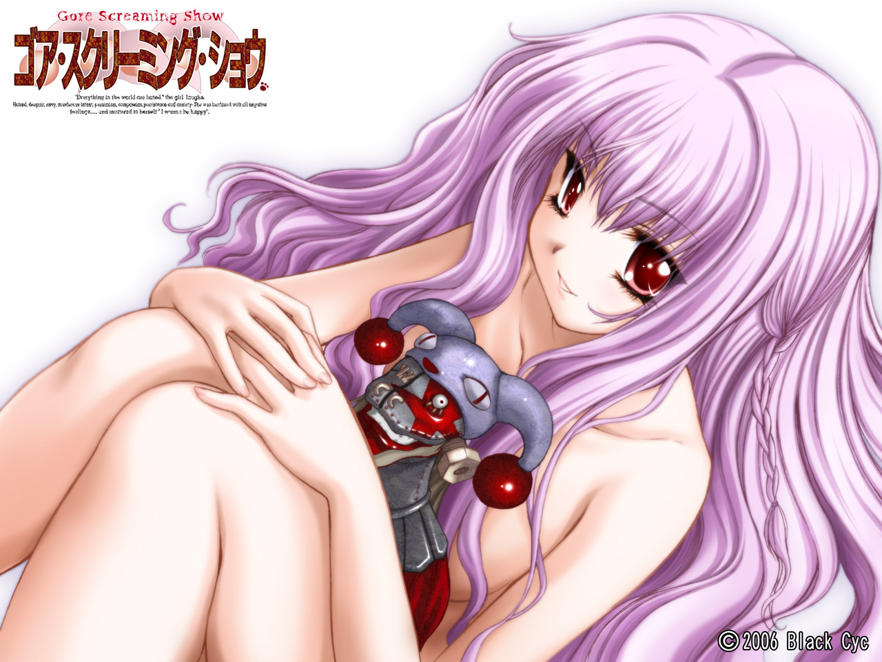 ueda metawo, yuka, yuka (gore screaming show), gore screaming show, 1girl, braid, female focus, long hair, nude, purple hair, red eyes, solo
