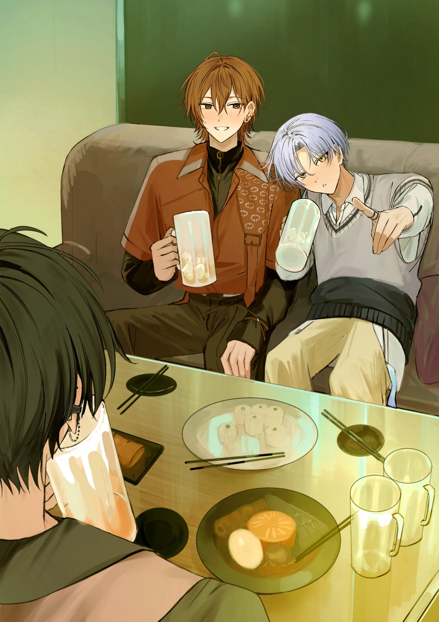 22kolink, nishizono renga, 18trip, commentary, highres, symbol-only commentary, 3boys, beer mug, black hair, booth seating, chopsticks, cup, facing away, grey hair, grey sweater vest, hair between eyes, head on another's shoulder, holding, holding cup, index finger raised, long sleeves, male focus, mug, multiple boys, murakumo ten, oguro kafka, outstretched arm, parted bangs, parted lips, plate, pointing, pointing at viewer, red hair, red shirt, shirt, short hair, sitting, smile, sweater vest, white shirt