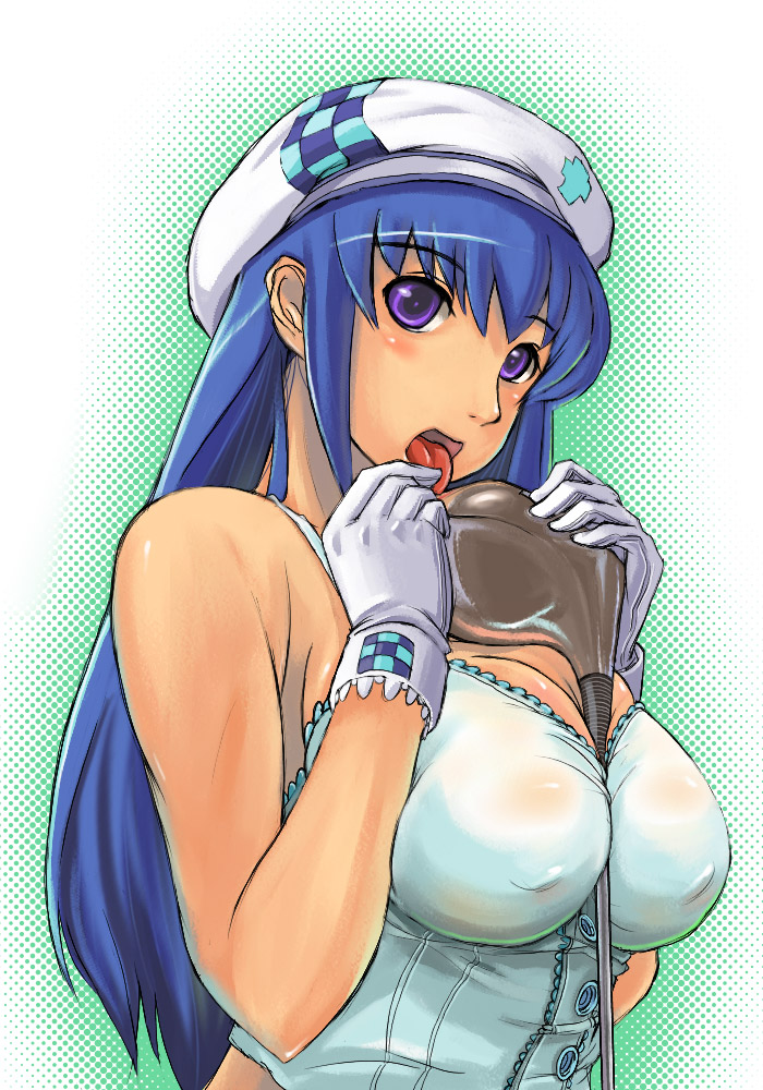 nomiya37564, arin (pangya), pangya, blue hair, breasts, gloves, golf club, hat, licking, long hair, paizuri, sexually suggestive, solo, tongue