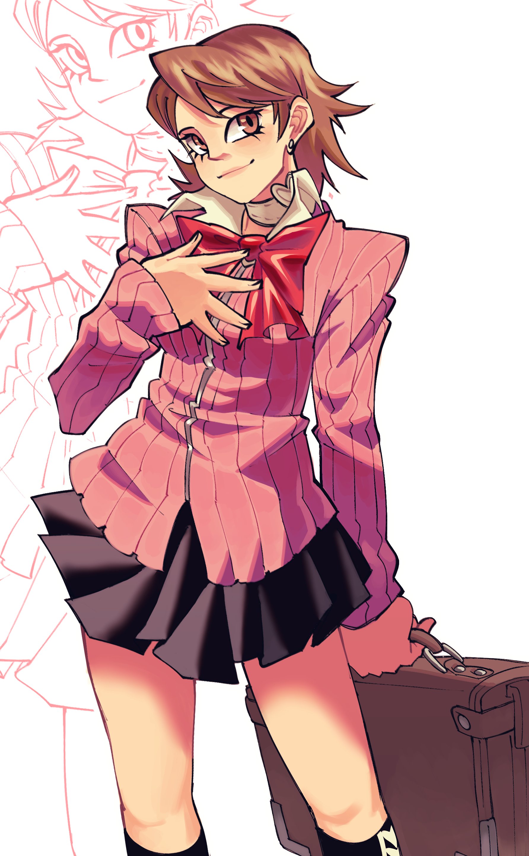 capsule (capsulecomputrz), takeba yukari, persona, persona 3, absurdres, highres, 1girl, bag, black skirt, black socks, blush, bow, brown bag, brown eyes, brown hair, cardigan, choker, closed mouth, collared shirt, earrings, gekkoukan high school uniform, hand on own chest, heart, heart choker, holding, holding bag, jewelry, kneehighs, long eyelashes, long sleeves, looking to the side, pink cardigan, projected inset, red bow, school bag, school uniform, shirt, short hair, simple background, skirt, smile, socks, solo, stud earrings, white background, white choker, white shirt