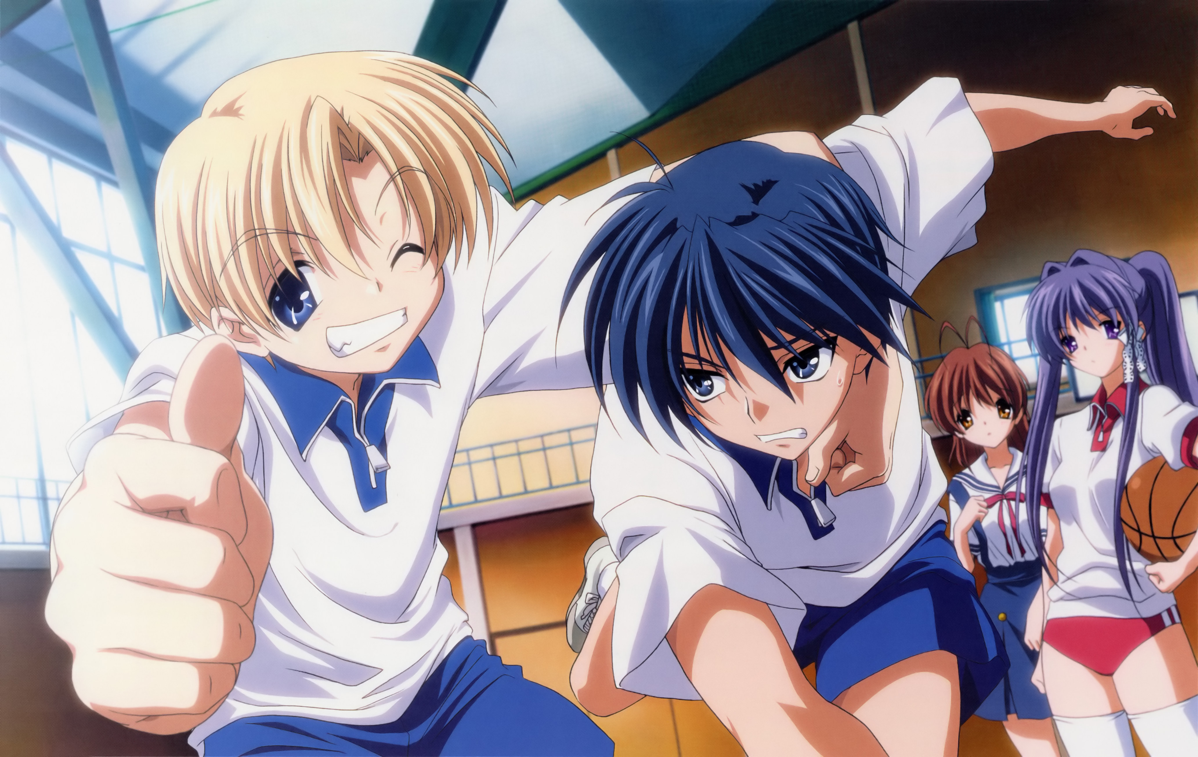 fujibayashi kyou, furukawa nagisa, okazaki tomoya, sunohara youhei, clannad, absurdres, highres, non-web source, official art, 00s, 2girls, antenna hair, ball, basketball, basketball (object), blonde hair, blue eyes, blue hair, brown eyes, brown hair, buruma, gym, gym uniform, long hair, multiple girls, one eye closed, ponytail, purple eyes, purple hair, school, school uniform, serafuku, short hair, thighhighs, very long hair, wink