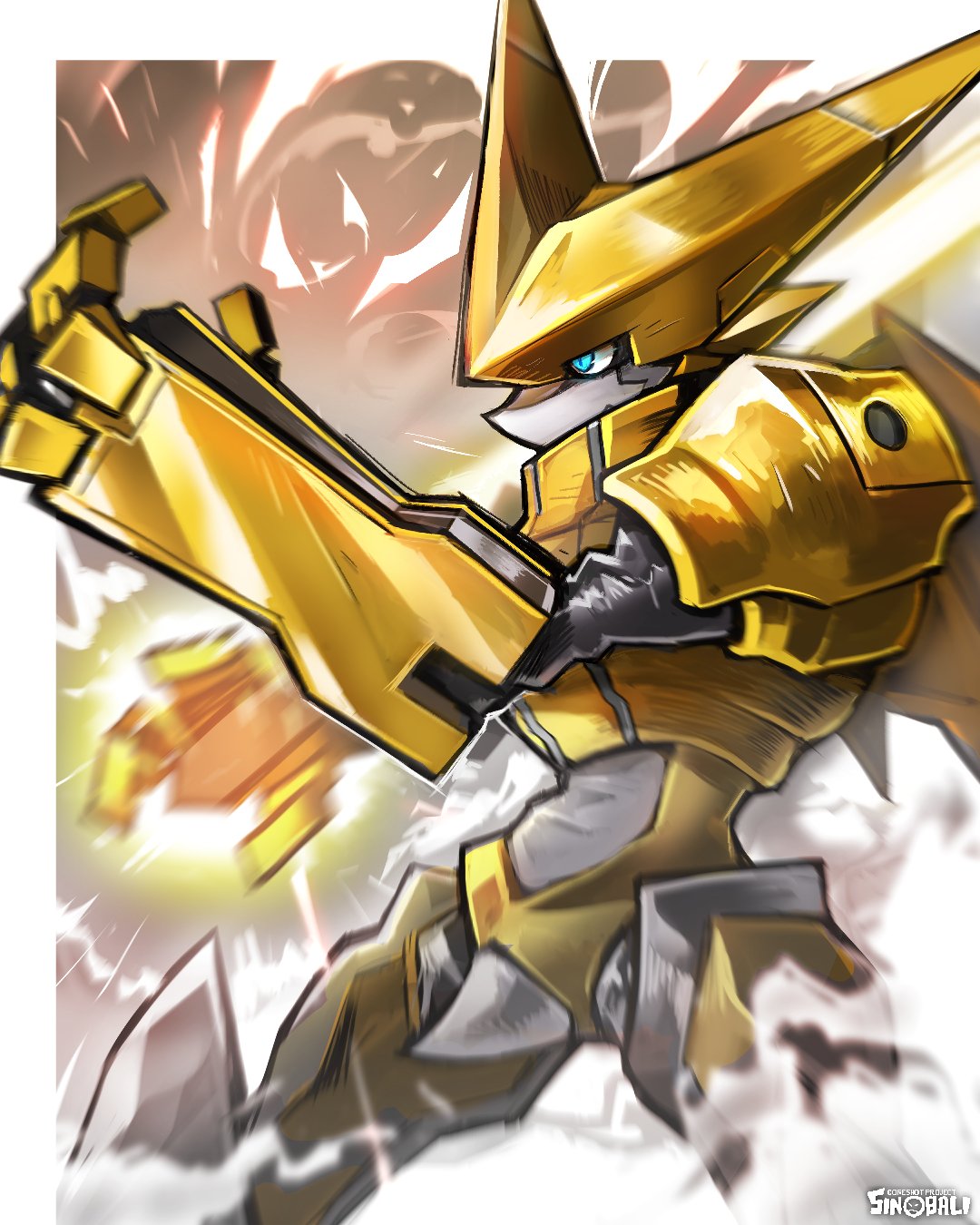 sinobali, omegashoutmon, digimon, highres, armor, blue eyes, blurry, blurry background, border, cowboy shot, digimon (creature), glowing, glowing hand, gold armor, white border