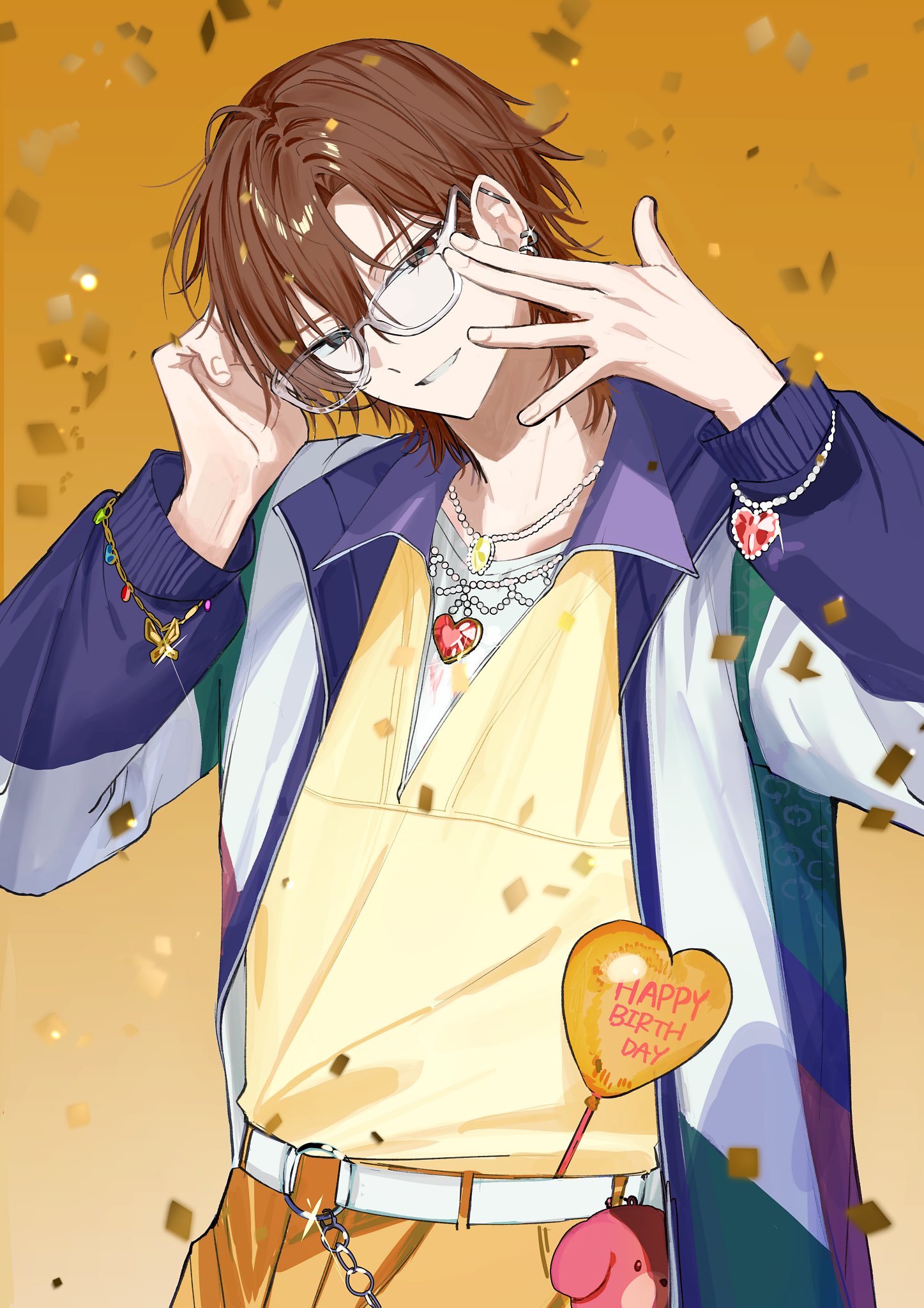 22kolink, nishizono renga, 18trip, highres, 1boy, adjusting eyewear, balloon, belt, blue jacket, bracelet, confetti, cowboy shot, glasses, gradient background, hair between eyes, happy birthday, head tilt, heart balloon, heterochromia, jacket, jewelry, looking at viewer, male focus, necklace, open clothes, open jacket, orange pants, pants, parted bangs, parted lips, red hair, shirt, smile, solo, white-framed eyewear, white belt, yellow shirt