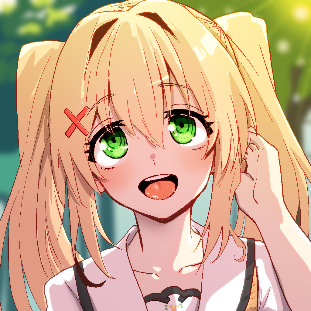 mengnaidu, tsumugi wenders, summer pockets, commentary request, partial commentary, 1girl, :d, blonde hair, blurry, blurry background, blush, day, eyelashes, eyes visible through hair, green eyes, hair between eyes, hair intakes, hair ornament, hand up, happy, long hair, looking up, open mouth, outdoors, portrait, sailor collar, school uniform, serafuku, sidelighting, sidelocks, smile, solo, summer pockets school uniform, sunlight, tareme, teeth, twintails, upper teeth only, upturned eyes, white sailor collar, x hair ornament