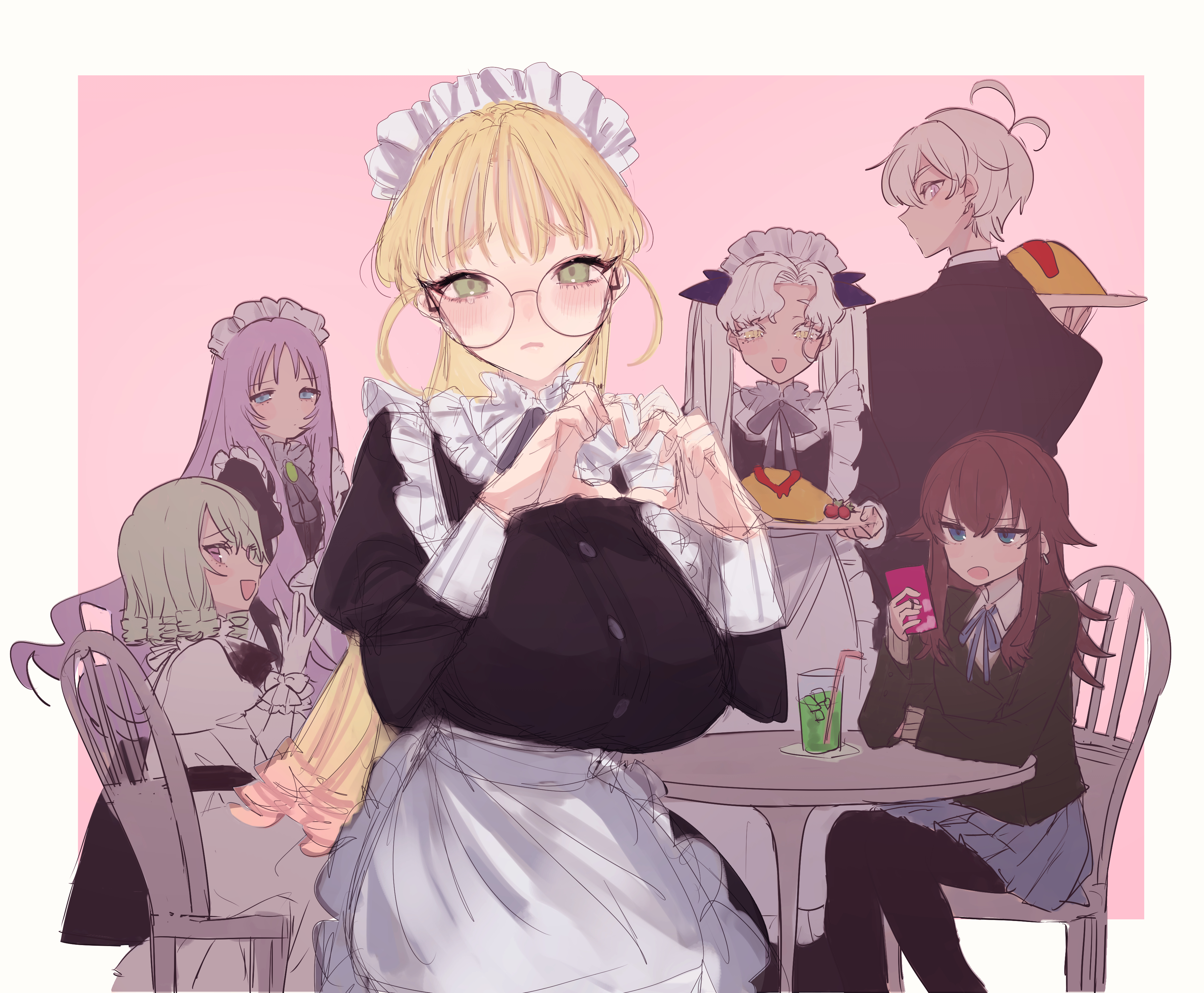 eurasia (wtp09ptw14), francoise (eurasia), original, absurdres, commentary request, highres, 1boy, 5girls, :d, antenna hair, apron, black dress, black jacket, blonde hair, blue eyes, blue skirt, blush, border, breasts, brown hair, cellphone, choppy bangs, closed mouth, cup, dress, drinking glass, drinking straw, flipped hair, food, glasses, green hair, hands up, heart, heart hands, holding, holding phone, holding plate, jacket, large breasts, long hair, long sleeves, looking at viewer, maid, maid headdress, multiple girls, omelet, omurice, open mouth, outside border, phone, pink background, plate, purple hair, round eyewear, short hair, sitting, sketch, skirt, smartphone, smile, solo focus, table, troja von richtofen (eurasia), waist apron, white border, white dress, white hair, yellow eyes, zoenuria (eurasia)