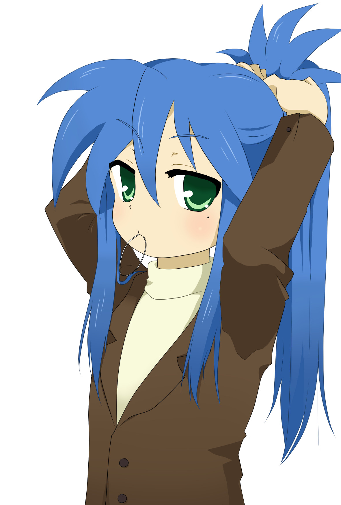 sanchoume, izumi konata, lucky star, highres, 00s, 1girl, adjusting hair, alternate hairstyle, blue hair, female focus, green eyes, long hair, mole, mole under eye, mouth hold, ponytail, solo