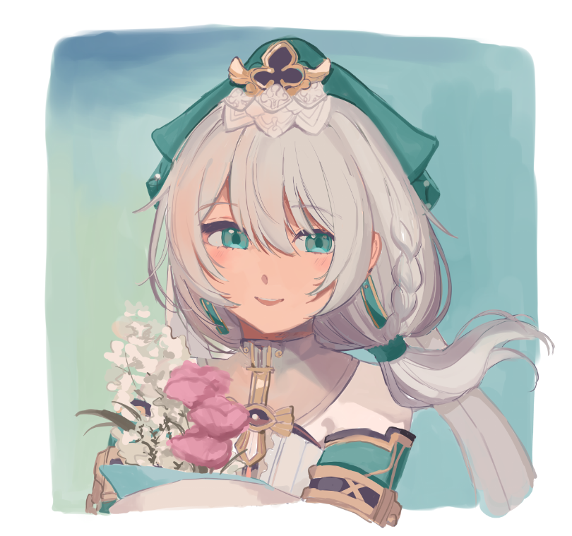 8sayo7 (8sayo7honkai), theresa apocalypse, theresa apocalypse (astralop), honkai (series), honkai impact 3rd, commentary request, flower request, 1girl, aqua eyes, bouquet, braid, floating hair, flower, green hat, hat, holding, holding bouquet, long hair, pink flower, ponytail, smile, solo, white flower, white hair