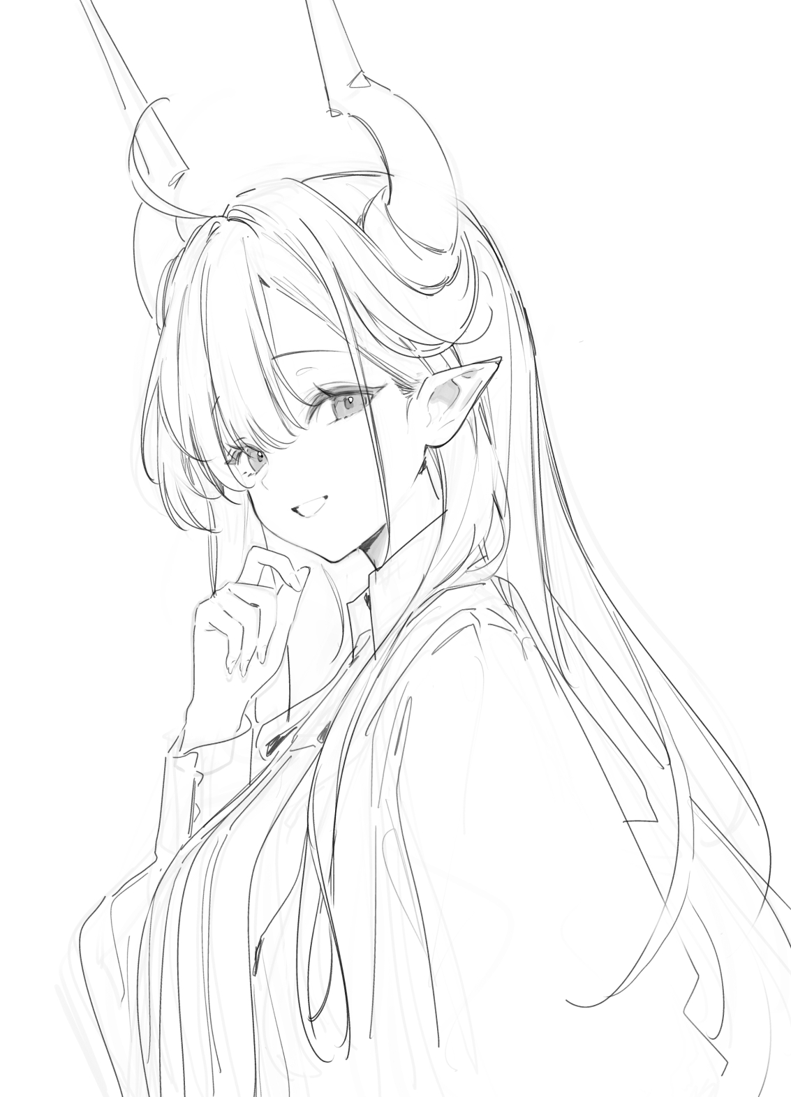 nekojira, thea (nekojira), original, commentary, highres, symbol-only commentary, 1girl, breasts, demon girl, demon horns, greyscale, grin, hair between eyes, hair on horn, hand up, horns, large breasts, lineart, long hair, long sleeves, looking at viewer, monochrome, parted bangs, pointy ears, raised eyebrows, simple background, smile, solo, upper body, white background